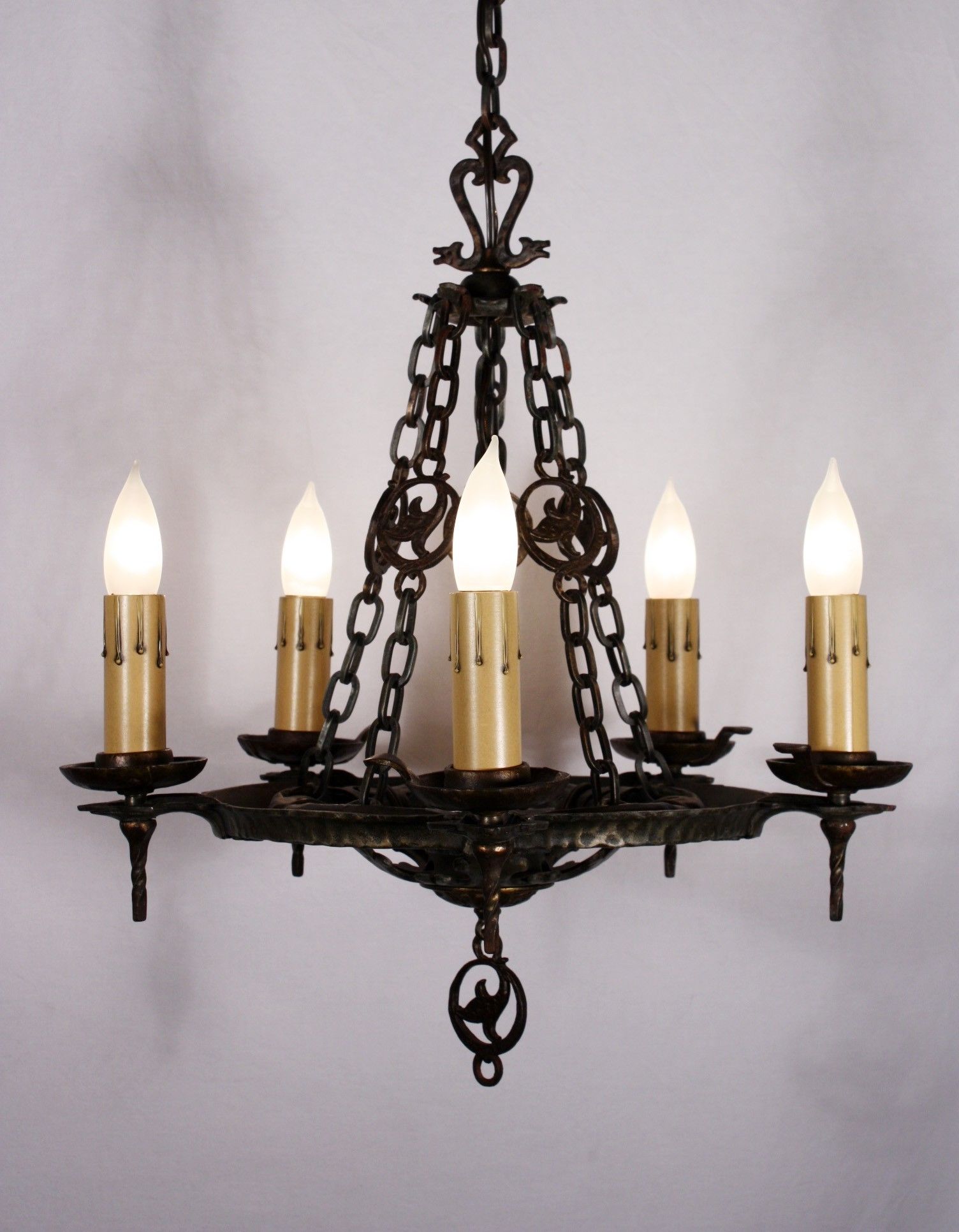 2017 Cast Iron Chandelier Pertaining To Antique Five Light Cast Iron Tudor Chandelier, Signed Virden Company (View 9 of 15)