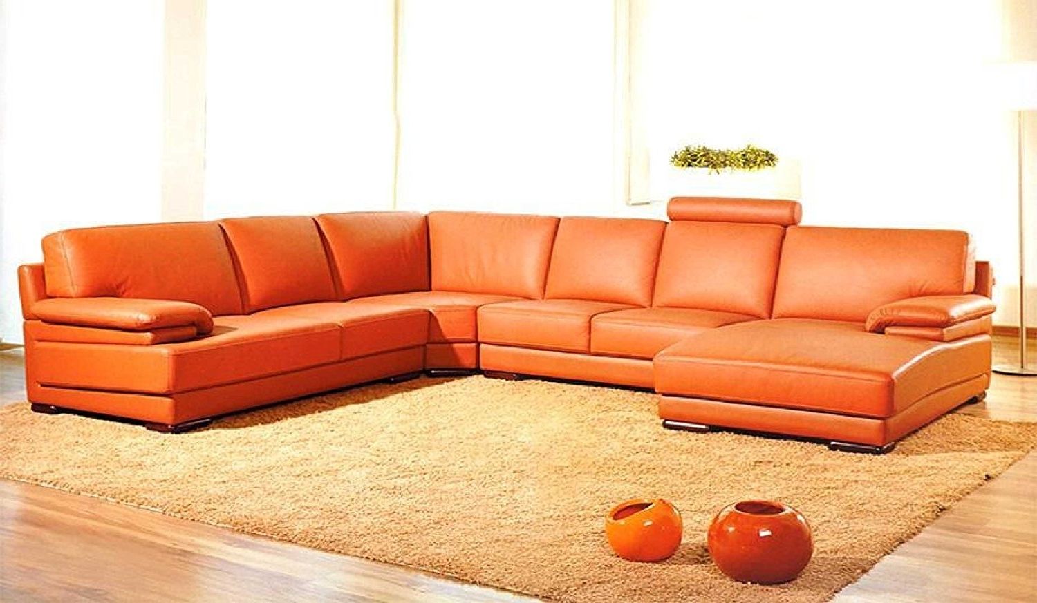 2017 Orange Sectional Sofas Pertaining To Amazon: 2227 Orange Leather Contemporary Sectional Sofa With (Photo 1 of 15)