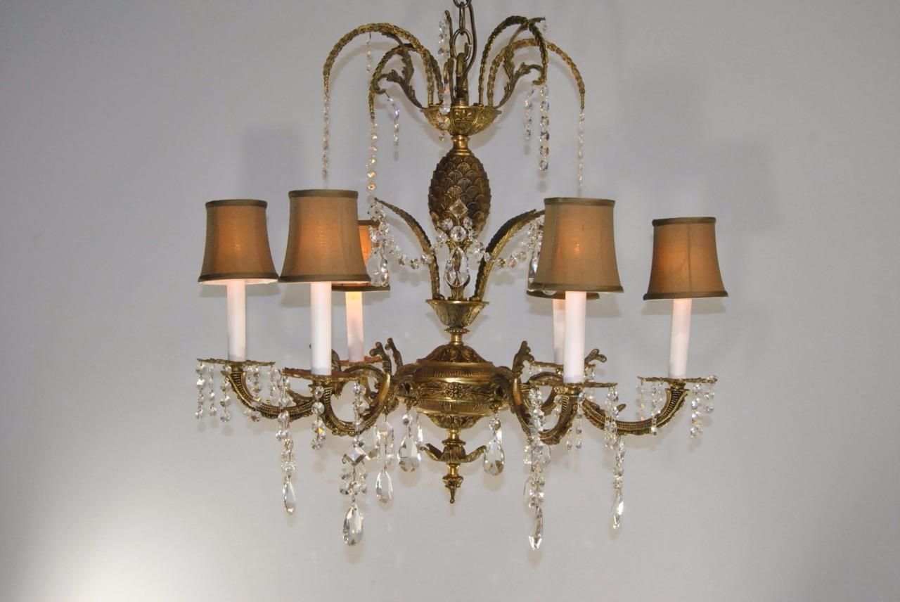 Antique 6 Arm French Style Brass & Cutt Glass Chandelier Light Pertaining To Most Popular Brass And Glass Chandelier (Photo 8 of 15)