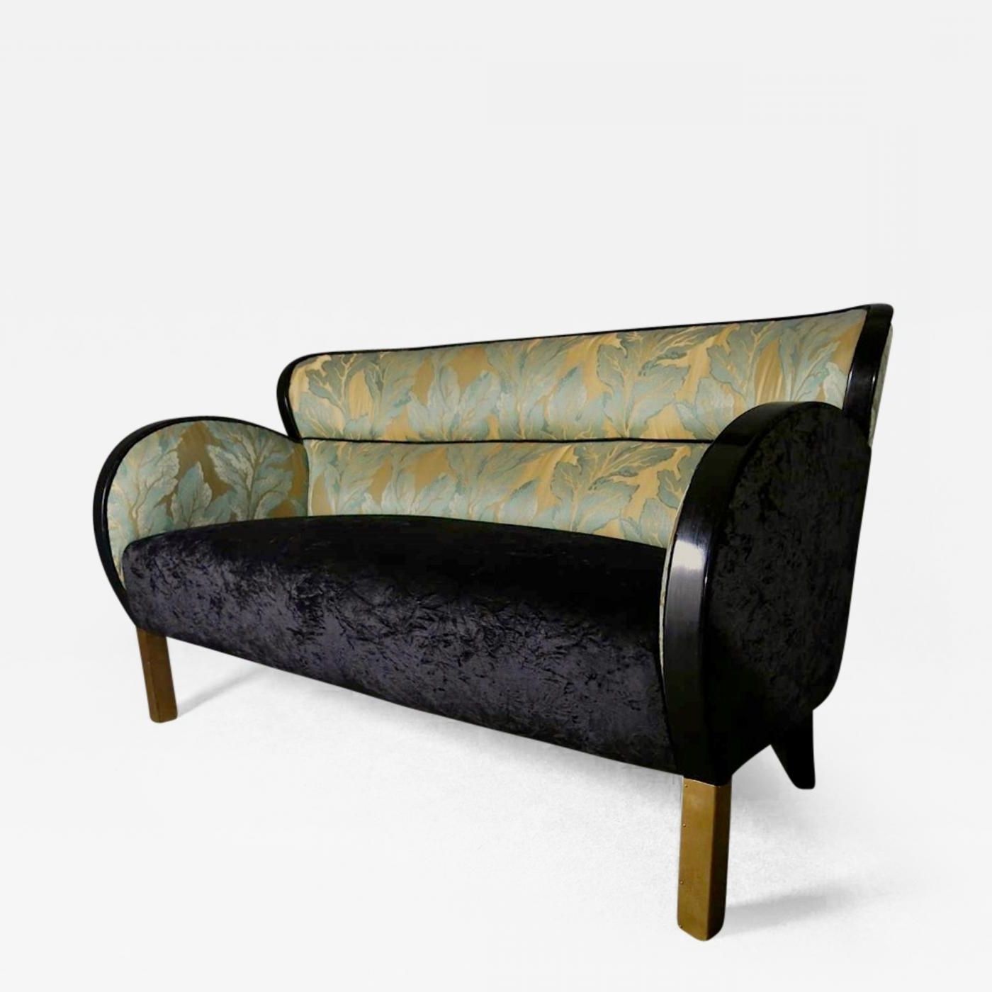 Art Deco Sofa In Black Velvet And Green Damask Fabric, Italy 1920S With Widely Used Art Deco Sofas (View 8 of 15)