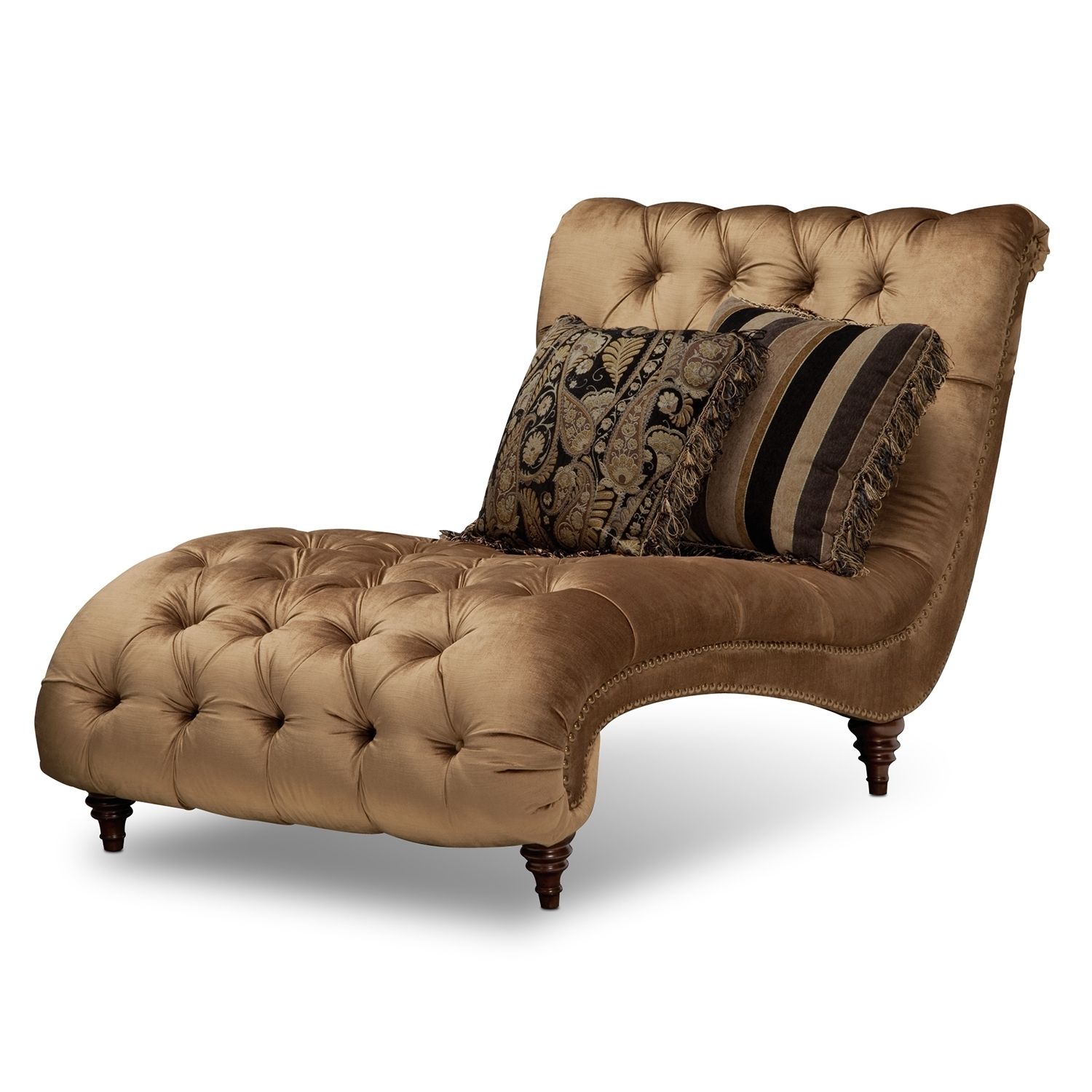 Gold Tufted Chaise Lounge Chair With Accent Pillows In Bedroom For Most Current Tufted Chaises (View 11 of 15)