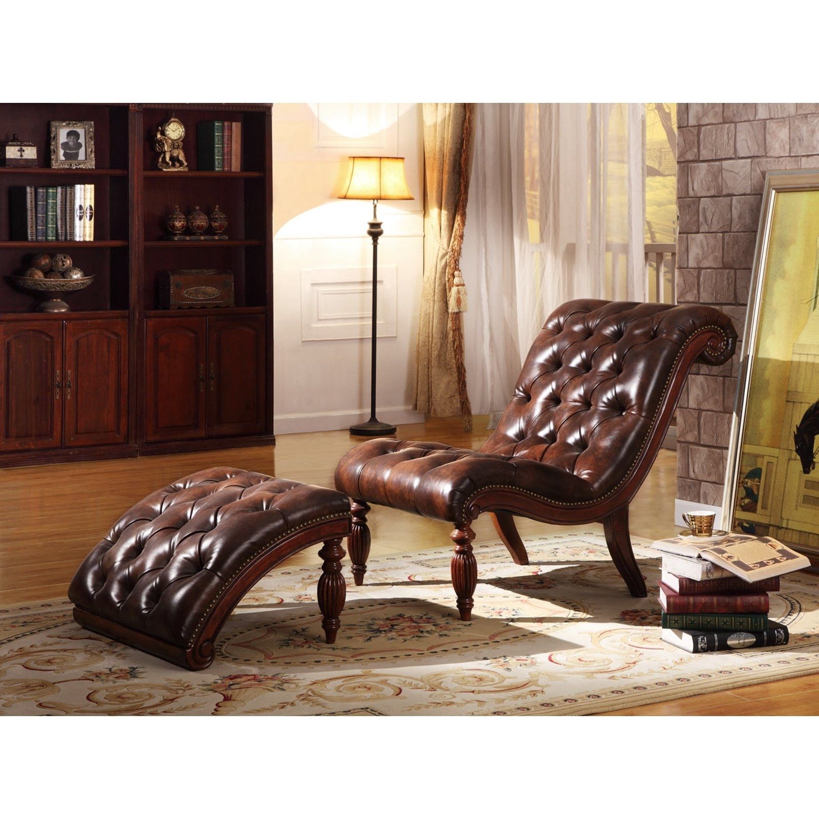 Most Recent Tufted Leather Chaises Intended For Weston Home Bonded Leather Button Tufted Chaise And Ottoman – Warm (View 2 of 15)