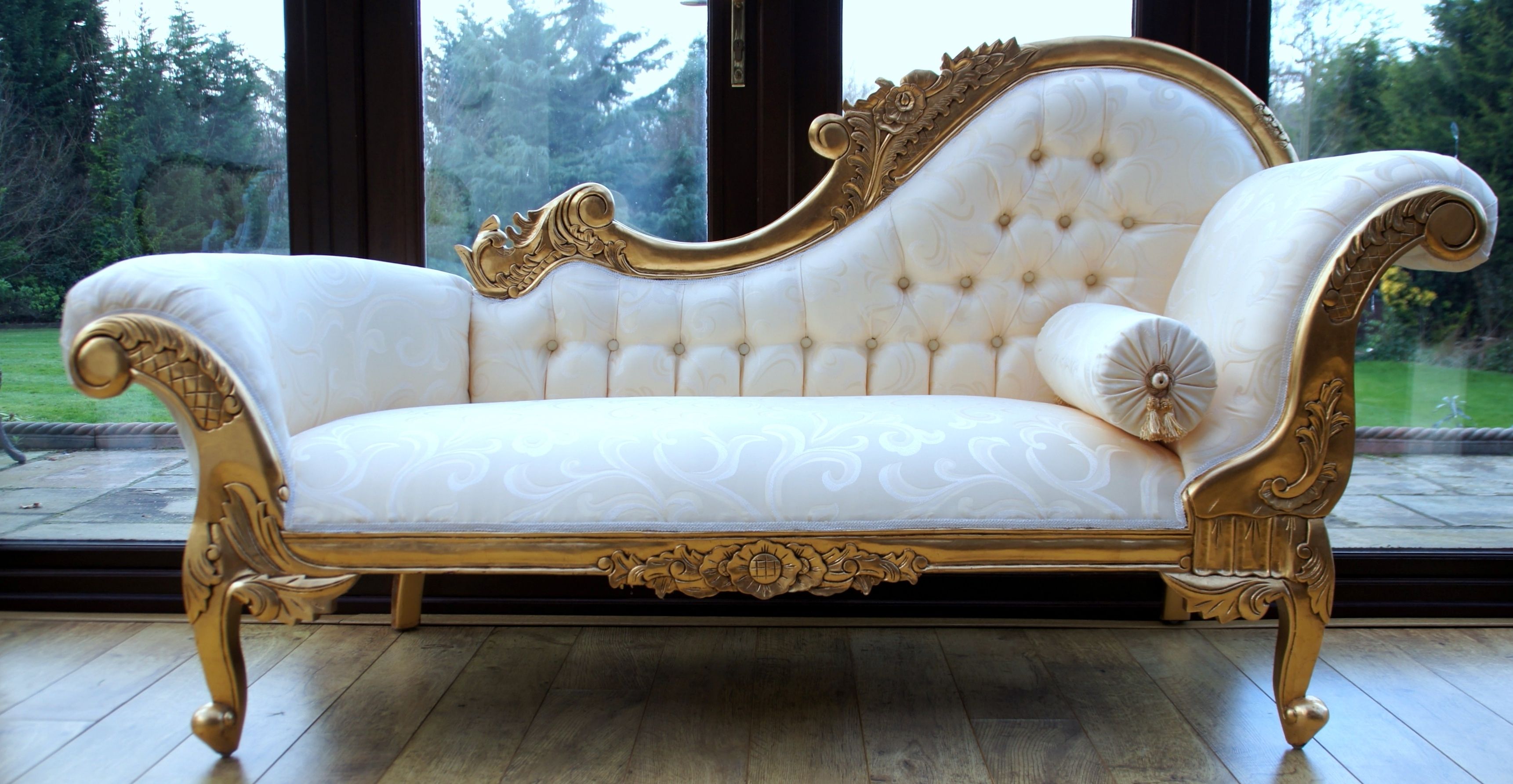 Trendy White And Intricate Carved Gold Bedroom Chaise Lounge Chair With Throughout Gold Chaise Lounge Chairs (View 2 of 15)