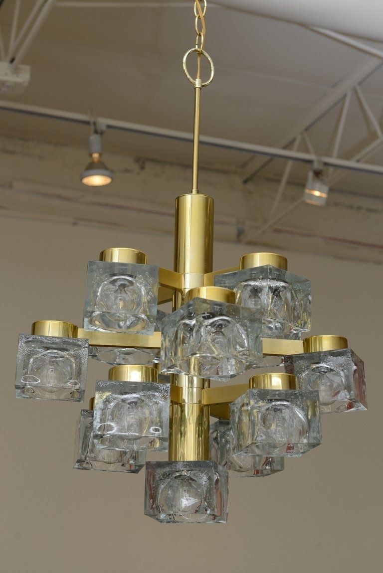 Well Liked Italian Large Gaetano Sciolari Brass And Cube Glass Chandelier For Within Brass And Glass Chandelier (View 7 of 15)