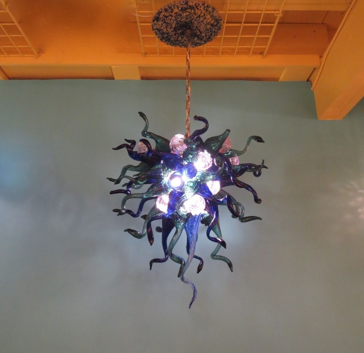 Popular Buy A Custom Hand Blown Glass Chandelier – Cobalt Teal Purple Pertaining To Turquoise Blown Glass Chandeliers (View 11 of 15)