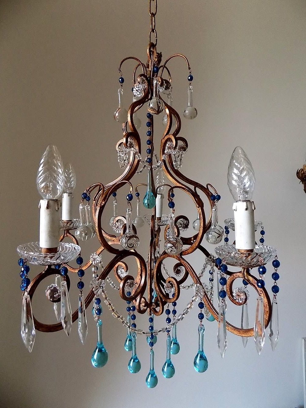 Turquoise Birdcage Chandeliers With Regard To Most Recently Released Florence Vintage Wrought Iron Birdcage Chandelier, Murano Drops (Photo 3 of 15)