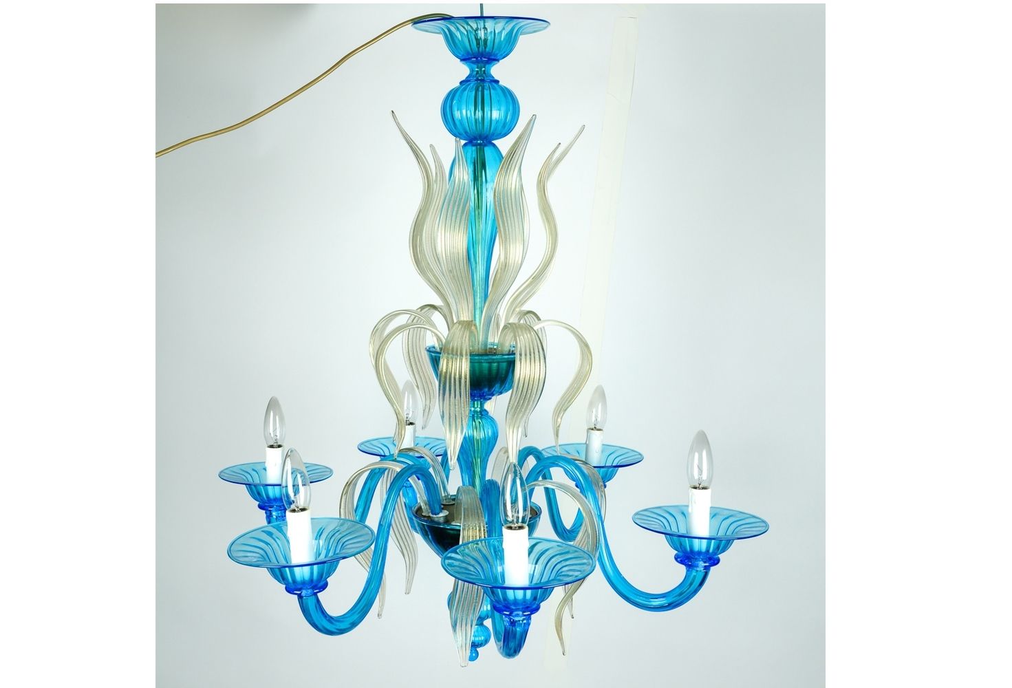 Turquoise Blown Glass Chandeliers Throughout Latest Venetian Handblown Six Arms Turquoise With Gold Flecks Chandelier (View 9 of 15)