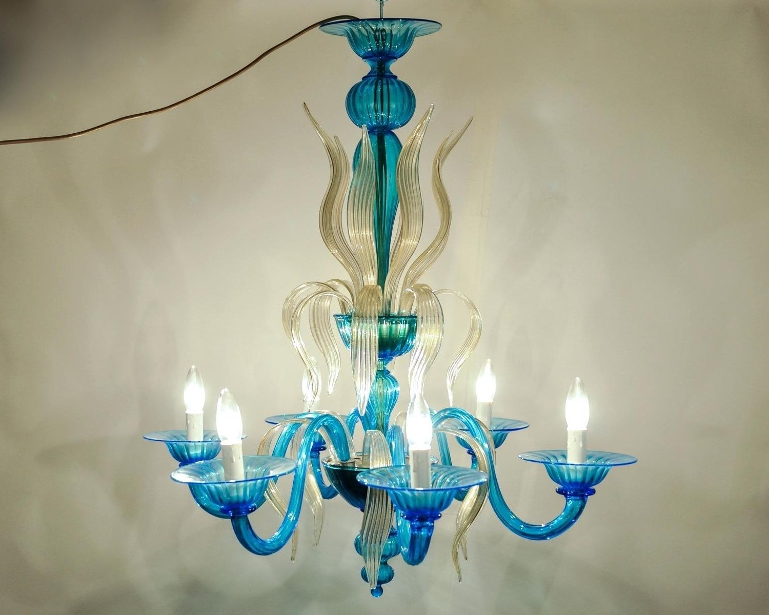 Turquoise Blown Glass Chandeliers With Preferred Hand Blown Glass Lamp Shades Six Arms Turquoise With Gold Flecks (View 6 of 15)