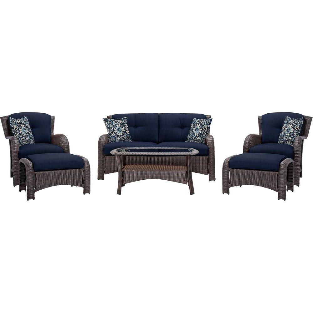 Latest Hanover Strathmere 6 Piece All Weather Wicker Patio Deep Seating Set For Patio Conversation Sets With Blue Cushions (Photo 1 of 15)