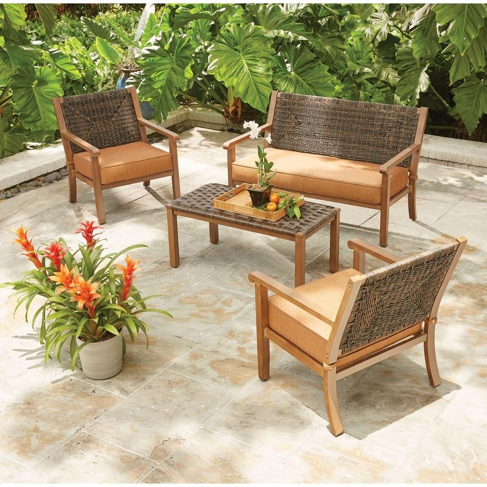 Most Popular Hampton Bay Kapolei 4 Piece Wicker Patio Conversation Set With Intended For Patio Conversation Sets Without Cushions (View 1 of 15)