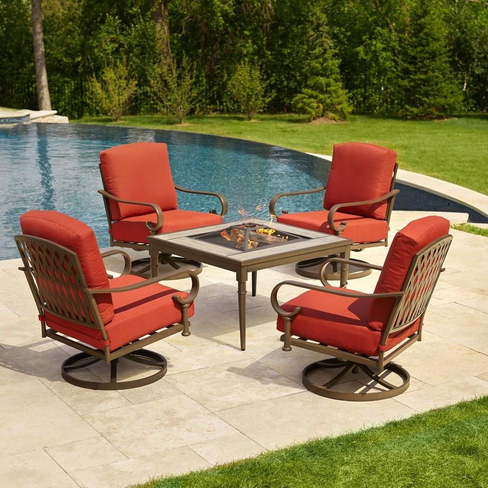 Patio Conversation Sets With Fire Pit Inside Most Up To Date Hampton Bay Oak Cliff 5 Piece Metal Patio Fire Pit Conversation Set (Photo 9 of 15)
