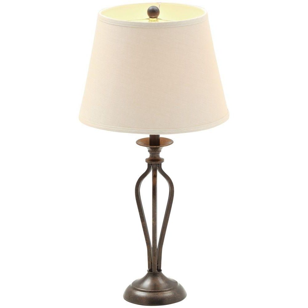 Popular Hampton Bay Rhodes 28 In. Bronze Table Lamp With Natural Linen Shade Pertaining To Living Room Table Lamps At Home Depot (Photo 1 of 15)