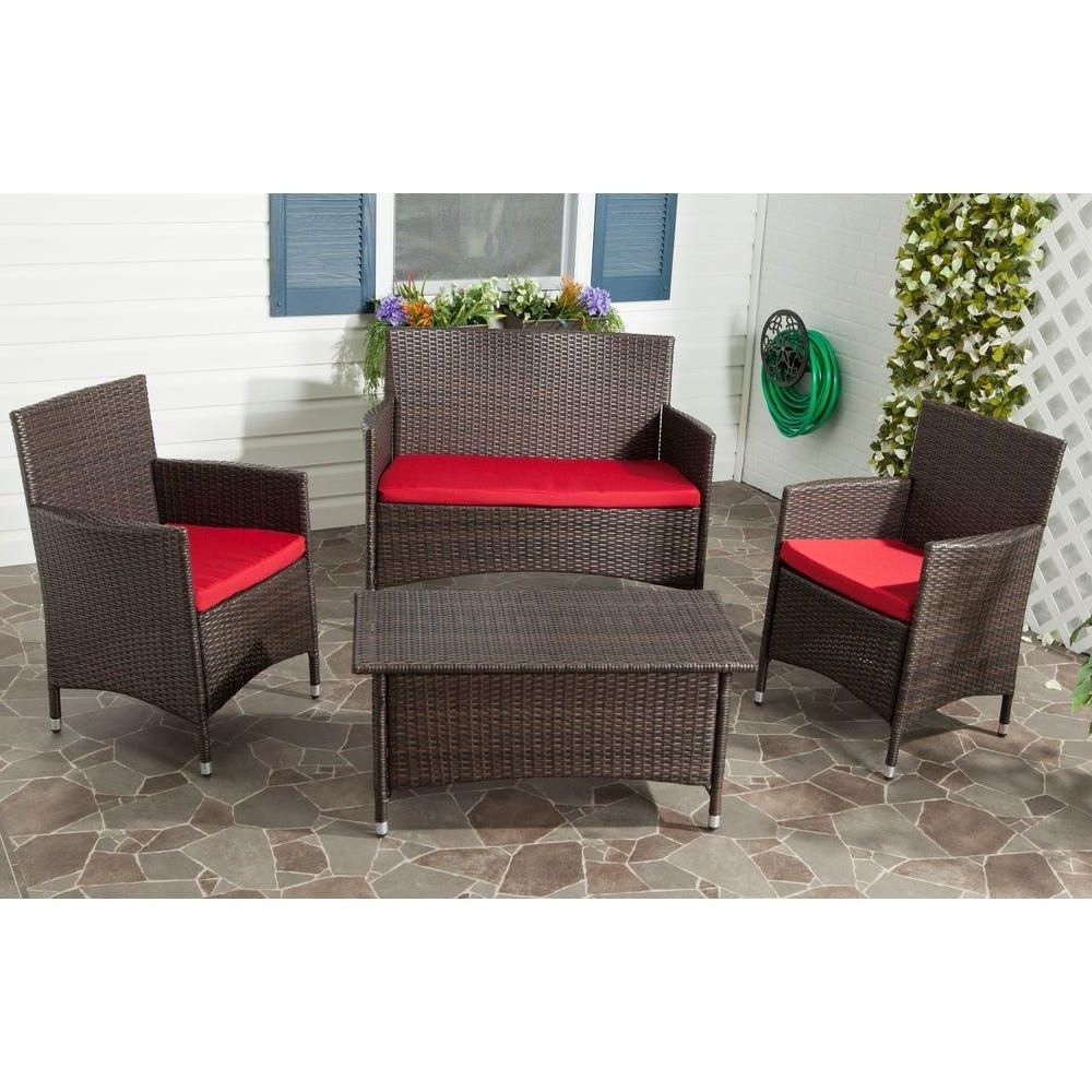 Safavieh Mojavi Brown 4 Piece Outdoor Patio All Weather Wicker With Regard To Most Recently Released Red Patio Conversation Sets (View 1 of 15)