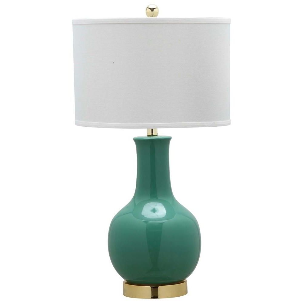 Well Liked Safavieh 27.5 In. Emerald Ceramic Paris Lamp With White Shade Regarding Gold Living Room Table Lamps (Photo 5 of 15)