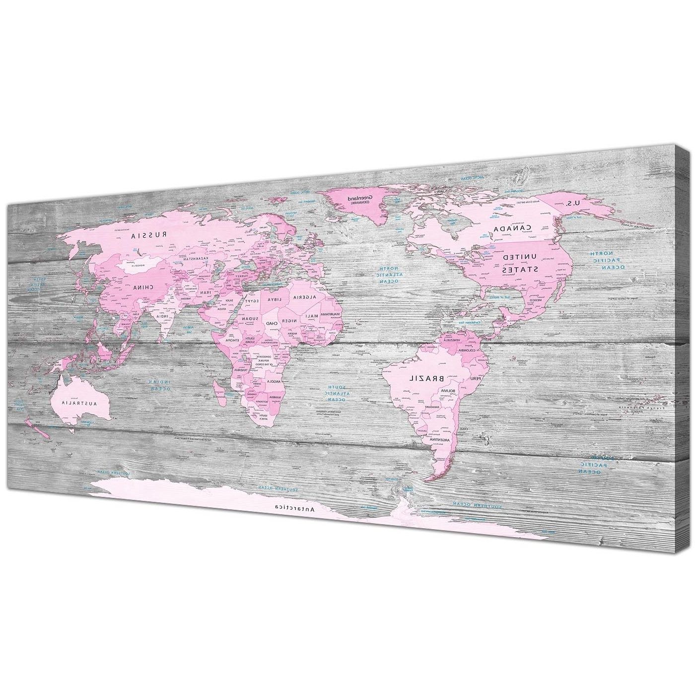 Best And Newest Large Pink Grey Map Of World Atlas Canvas Wall Art Print – Maps Within Pink Wall Art (View 1 of 15)