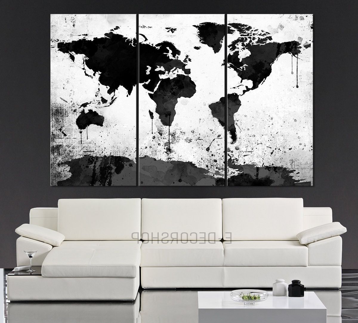 Black And White Large Canvas Wall Art Throughout Popular Large Black White World Map Canvas Print – 3 Piece Watercolor Splash (View 2 of 15)