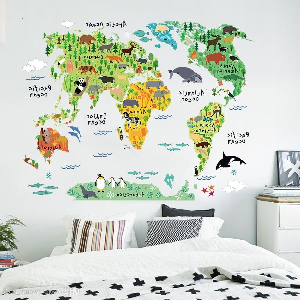 Colorful Animal World Map Wall Stickers Living Room Home Decorations Throughout 2017 World Map Wall Art For Kids (Photo 1 of 15)