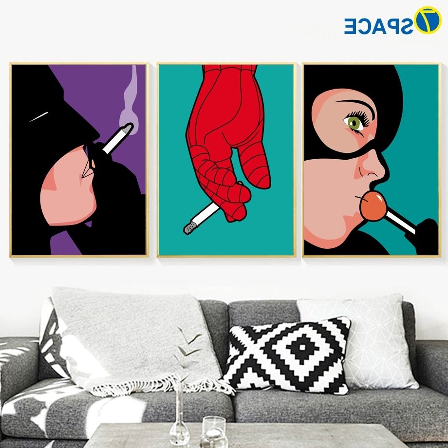 Famous Superhero Wall Art Intended For Cartoon Batman Catwoman Hand Superhero Wall Art Canvas Painting (View 13 of 15)
