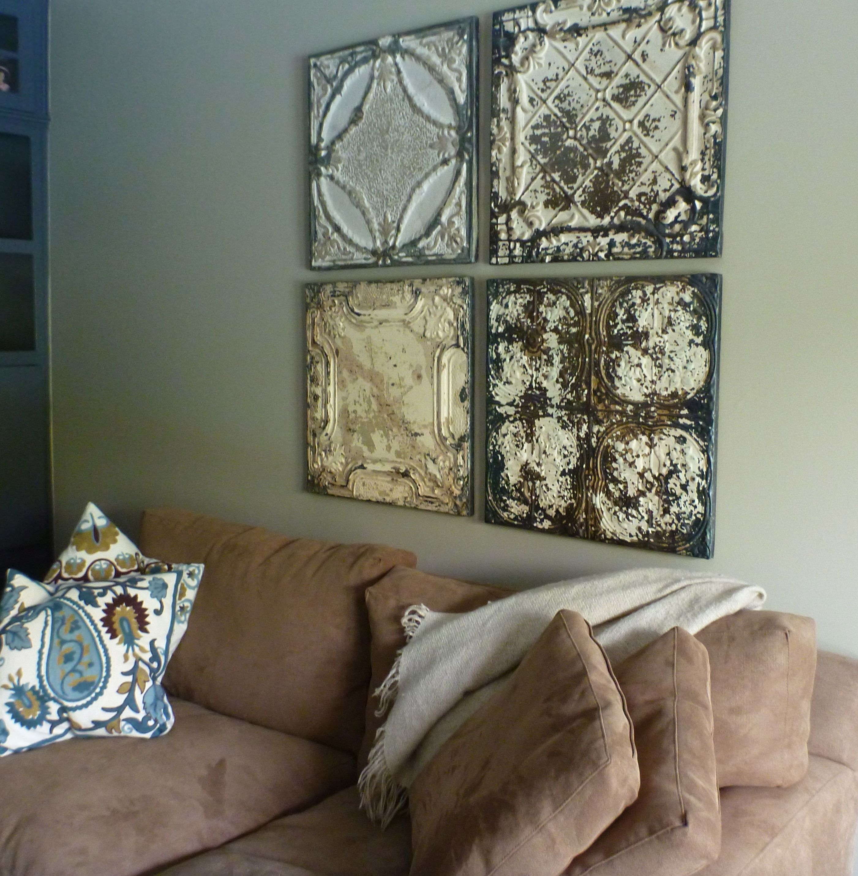 Fashionable Interior: Vintage Ceiling Tiles Decor With Sofa And Pillow Also Within Tin Wall Art (View 13 of 15)