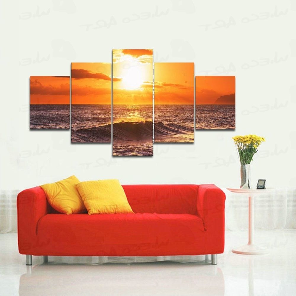 Latest Large Framed Canvas Wall Art Inside Wieco Art 5 Panels Stretched Large Size The Morning Sea Hd Canvas (Photo 1 of 15)