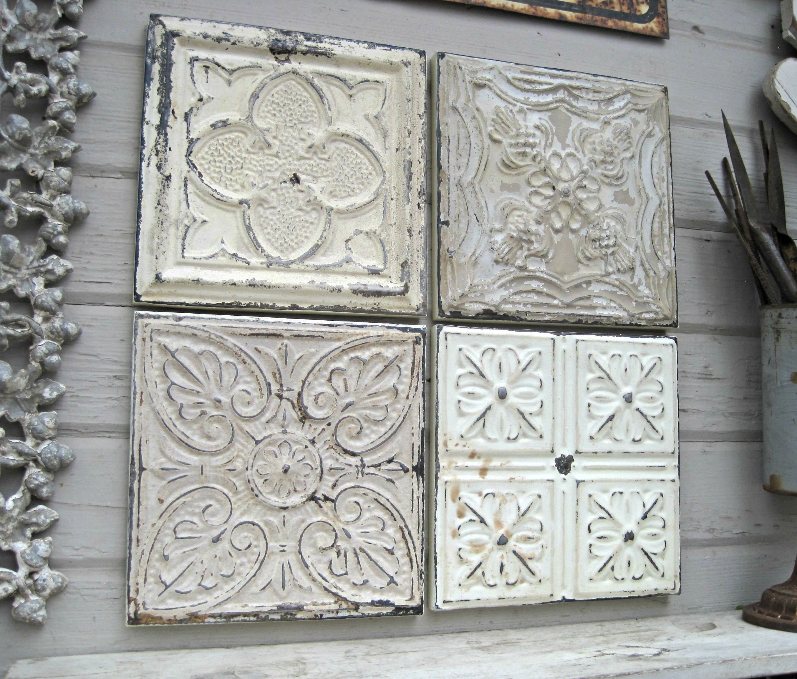 Most Popular Tin Wall Art Pertaining To Rustic Wall Decor, Antique Architectural Salvage, 4 Framed Ceiling (View 7 of 15)