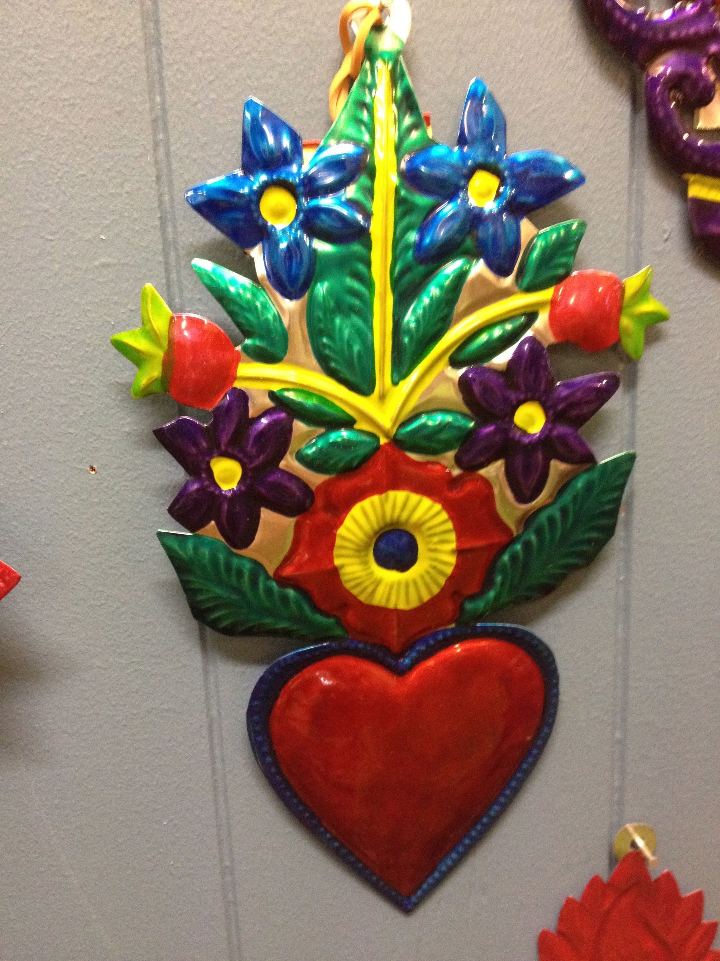 Most Recent Tin Wall Art In Mexican Tin Wall Art – Red Heart With Colourful Flowers (View 8 of 15)