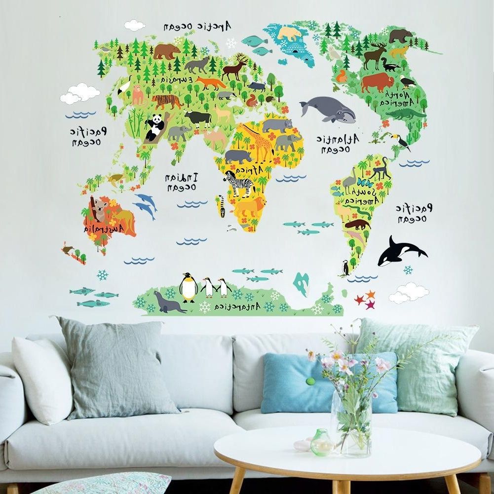 New Cartoon Animal World Map In English Childrens Living Room Within Famous Wall Art Stickers World Map (Photo 1 of 15)