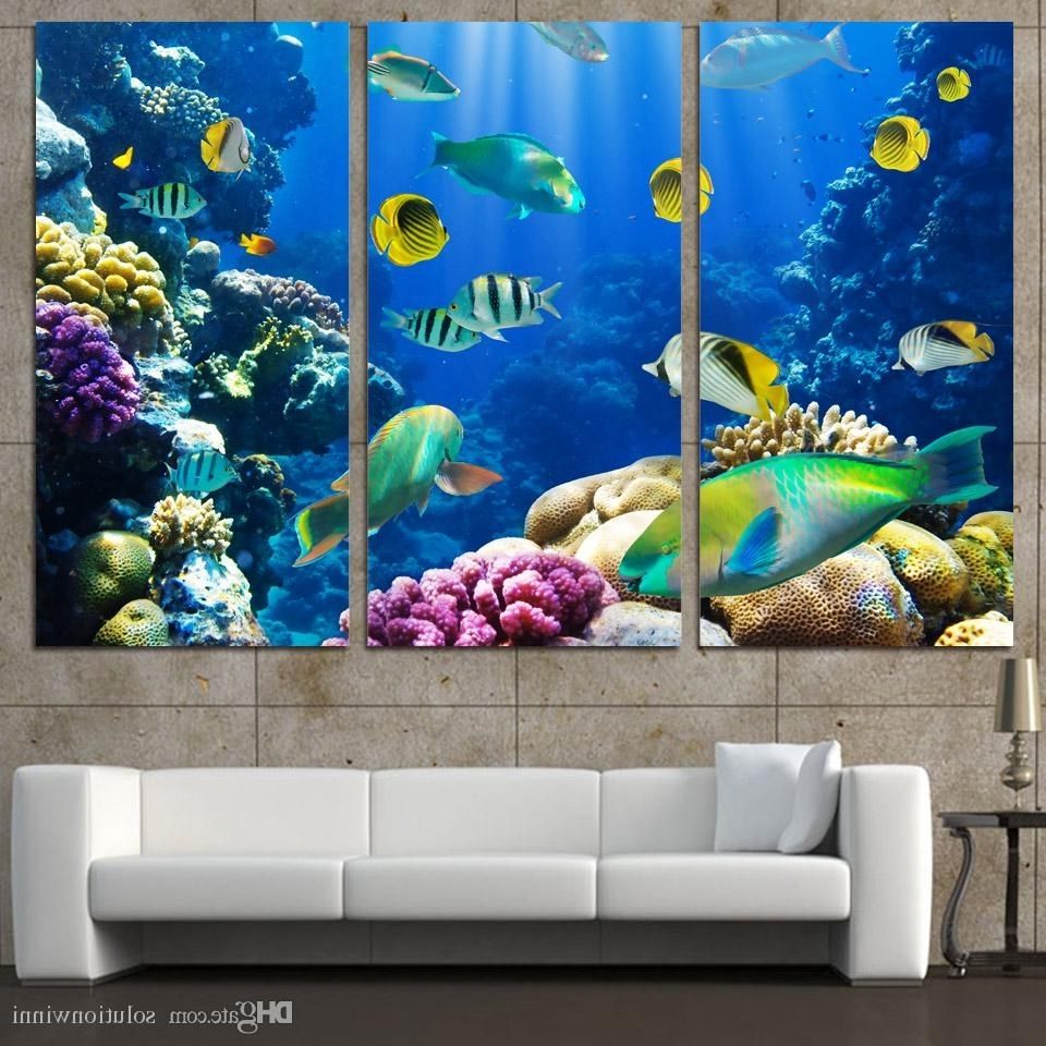 Newest 2018 3 Panels Canvas Art Tropical Coral Color Fish Home Decor Wall With Fish Painting Wall Art (View 9 of 15)