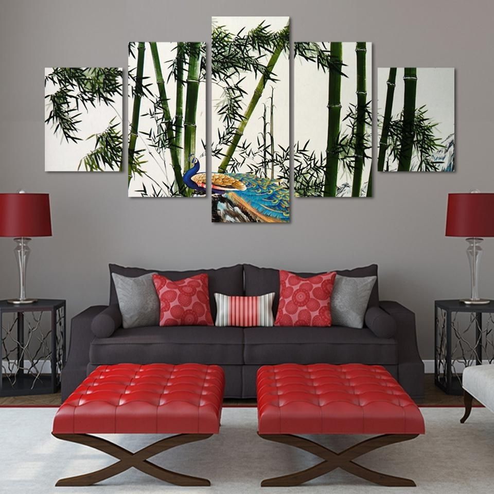 Newest Bamboo Wall Art Regarding Unframed 5 Panels Bamboo And Peacock Modern Wall Painting Green (View 11 of 15)