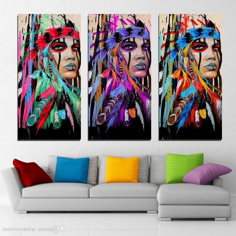 Preferred Native American Wall Art Pertaining To 2018 3 Panels Canvas Art Native American Indian Feather Home Decor (Photo 1 of 15)