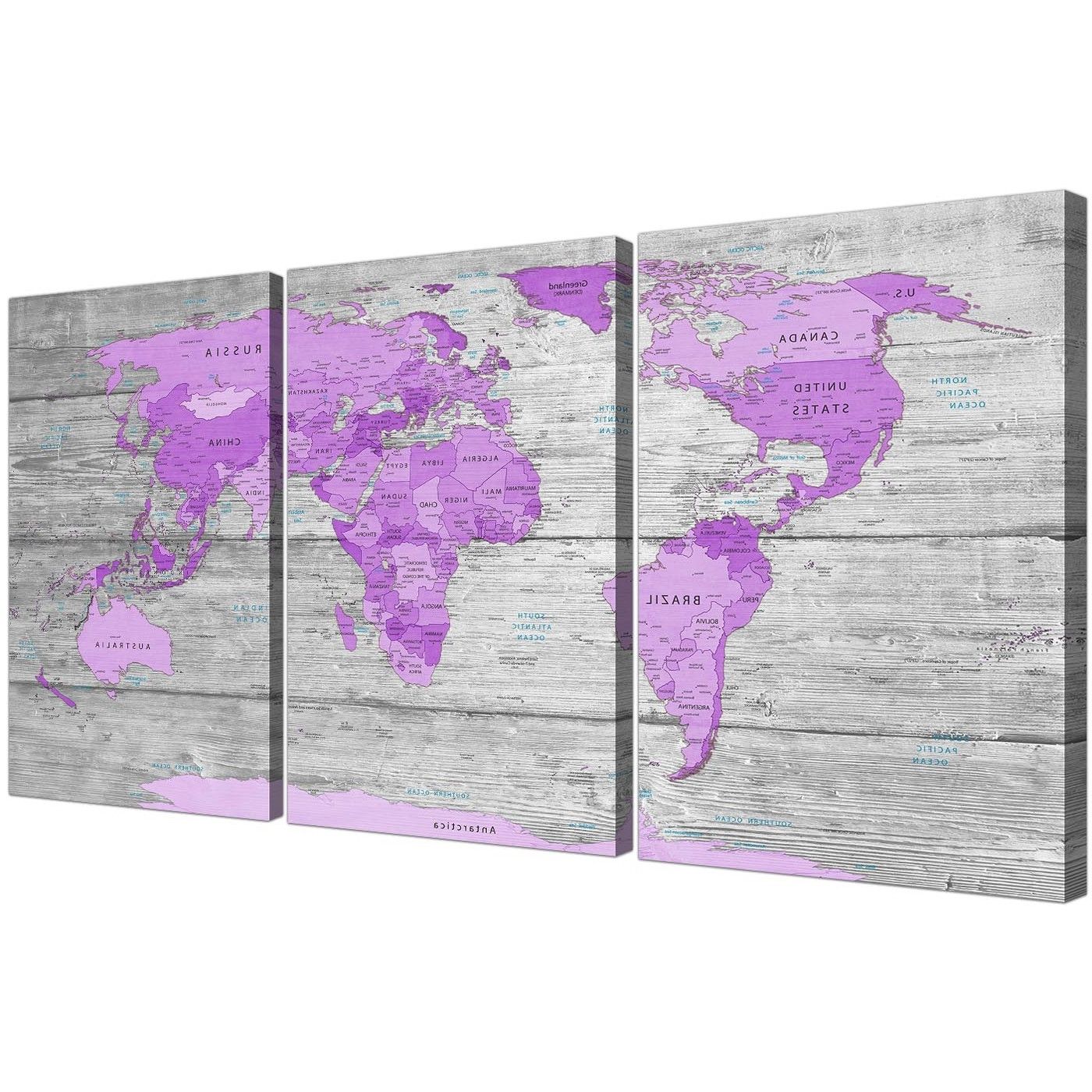 Purple And Grey Wall Art Intended For Famous Large Purple And Grey Map Of World Atlas Canvas Wall Art Print (View 5 of 15)