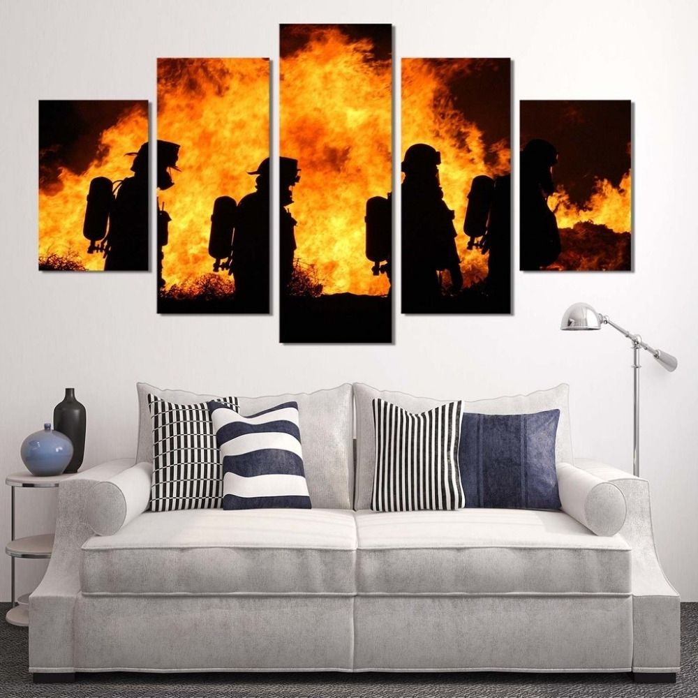 Recent 5 Panels Canvas Prints Firefighter Our Hero Canvas Painting Poster Intended For Firefighter Wall Art (Photo 1 of 15)