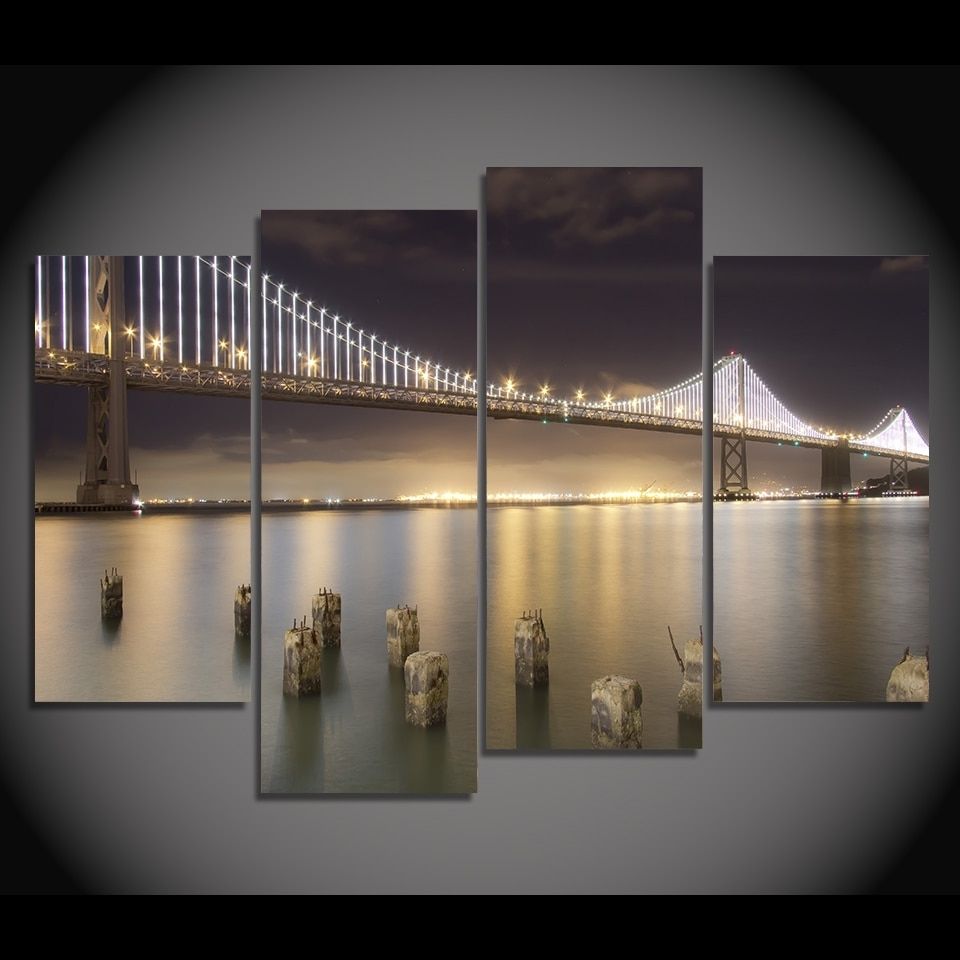 San Francisco Wall Art With Regard To Preferred 4 Pcs/set Framed Hd Printed San Francisco Bridge Night Picture Wall (Photo 1 of 15)