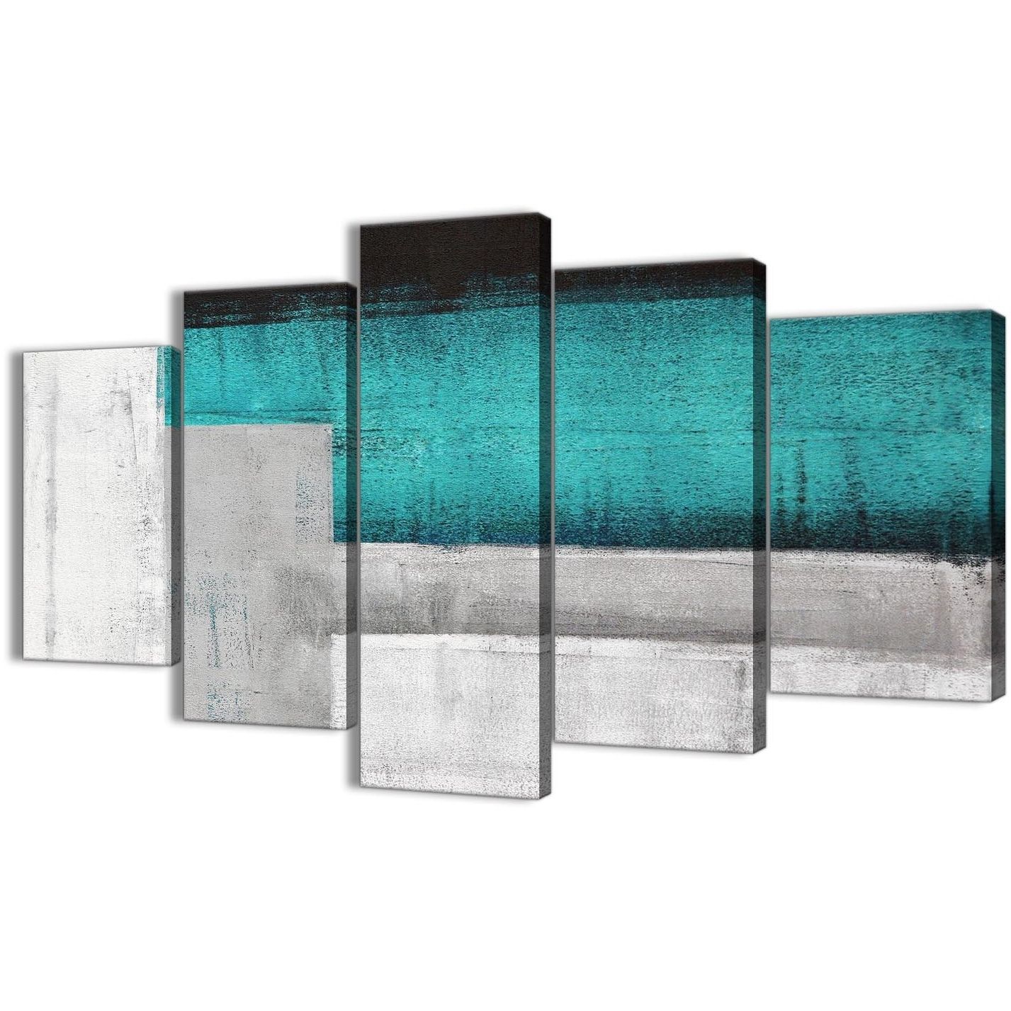 Turquoise Wall Art Intended For Most Recently Released 5 Panel Teal Turquoise Grey Painting Abstract Office Canvas Wall Art (View 10 of 15)