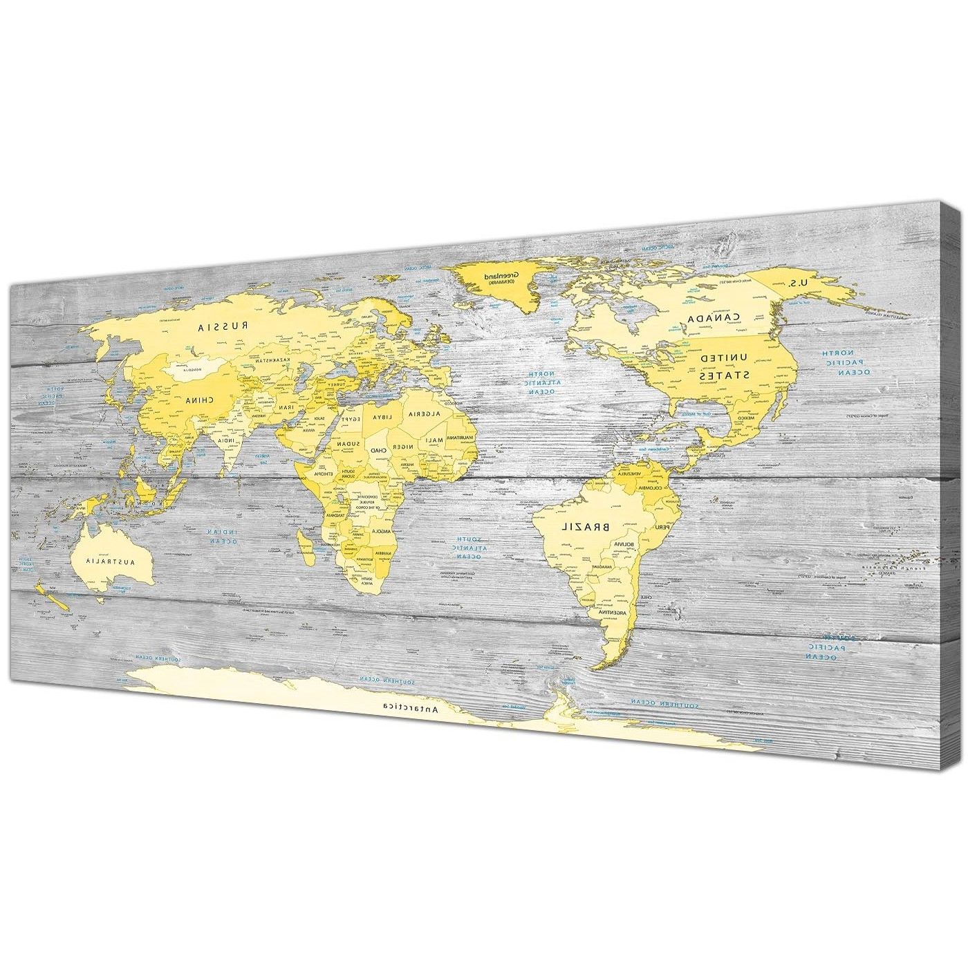 Yellow Wall Art Within Current Large Yellow Grey Map Of World Atlas Canvas Wall Art Print – Maps (View 1 of 15)