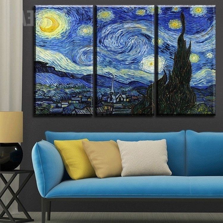 2018 Van Gogh's The Starry Night Painting – 3 Piece Canvas Painting Within Vincent Van Gogh Multi Piece Wall Art (Photo 1 of 15)