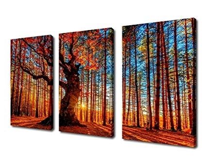 Big Canvas Wall Art Throughout Popular Amazon: Canvas Wall Art Red Forest Woods Sunset Nature Picture (Photo 13 of 15)