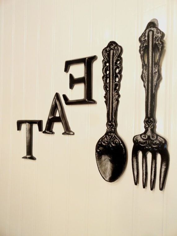 Black Kitchen Wall Decor, Large Fork Spoon Wall Decor, Eat Sign For Widely Used Giant Fork And Spoon Wall Art (View 5 of 15)