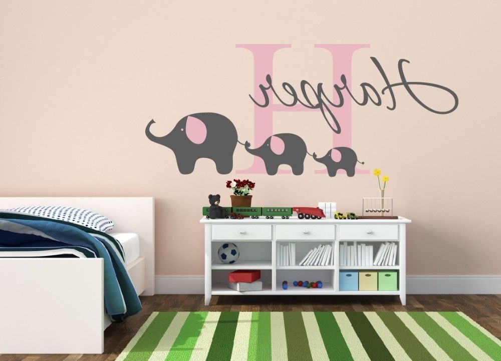 Cp51 Custom Baby Name Wall Sticker, Cute Elephants Wall Decal With Regard To Favorite Baby Name Wall Art (View 10 of 15)