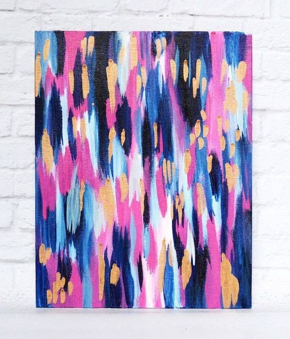 Current Golden Rain – 11x14 Pink, Navy And Gold Abstract Painting On A Throughout Bright Abstract Wall Art (View 6 of 15)