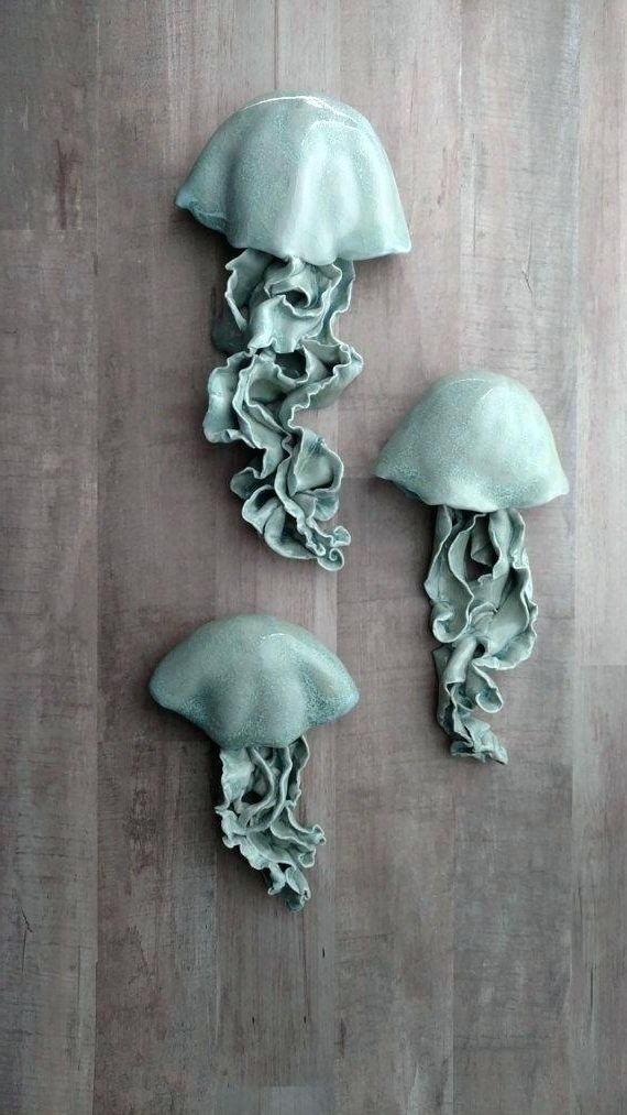 Large Ceramic Wall Art Pertaining To Trendy Wall Hanging Sculptures Jellyfish Ceramic Wall Sculpture Set Of 3 (Photo 6 of 15)