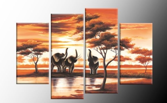 Latest African Elephants Trumpet Canvas Sunset Landscape Wall Art 4 Panel In Canvas Landscape Wall Art (Photo 1 of 15)