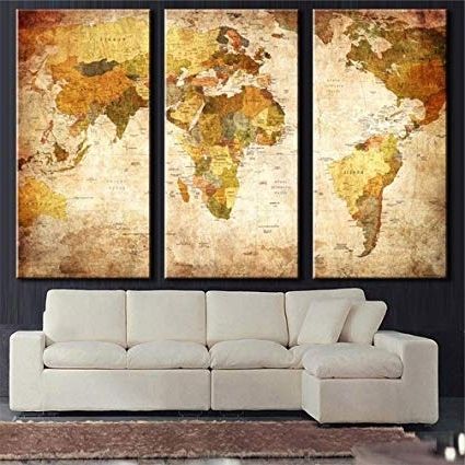 Latest Amazon: Be Good 3 Panel Vintage World Map Wall Art Globe Regarding Atlas Wall Art (View 8 of 15)