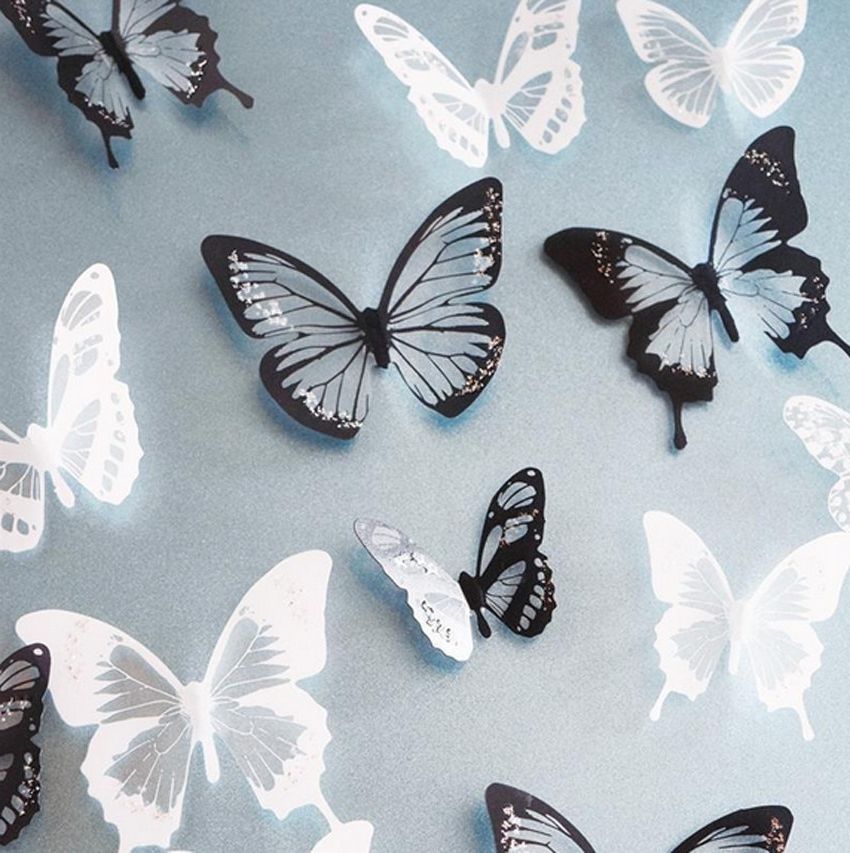 Most Current Online Shop 18Pcs Black/white Crystal Butterfly Sticker Art Decal For White 3D Butterfly Wall Art (View 7 of 15)