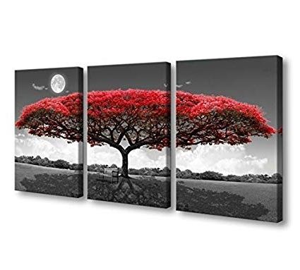 Recent Three Panel Wall Art With Regard To Amazon: Youkuart 3 Panel Wall Art Red Tree For Living Room Decor (Photo 1 of 15)