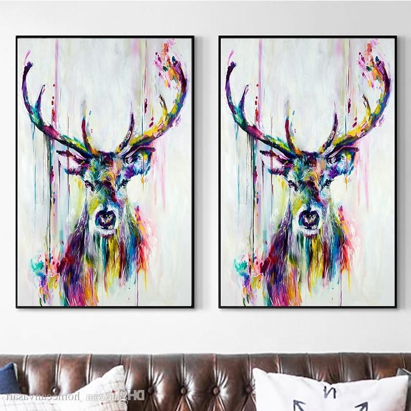 Trendy Colorful Abstract Oil Paintings Modern Animals Deer Print Canvas For Abstract Deer Wall Art (Photo 1 of 15)