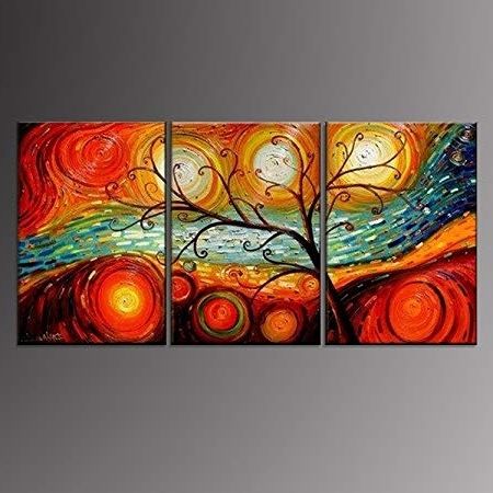 Trendy Happiness Abstract Wall Art Regarding Abstract Decor Lucky Tree Painting 3 Panels Modern Wall Art  (View 7 of 15)