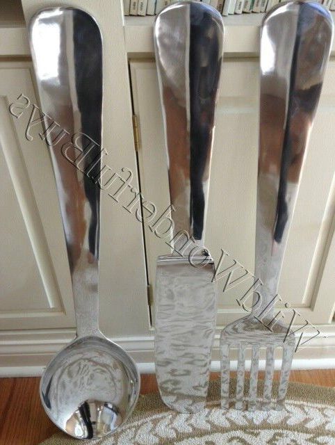 Well Liked Large Utensil Wall Art With Regard To Set/3 Silver Fork Knife Spoon Wall Decor Metal Utensil Art Large  (View 1 of 15)
