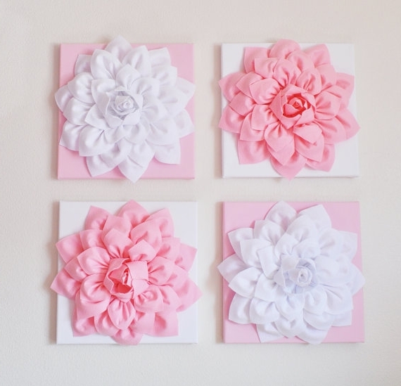 Well Liked Nursery Wall Decor  Set Of Four Light Pink And White Flower Wall Inside Pink Flower Wall Art (Photo 1 of 15)