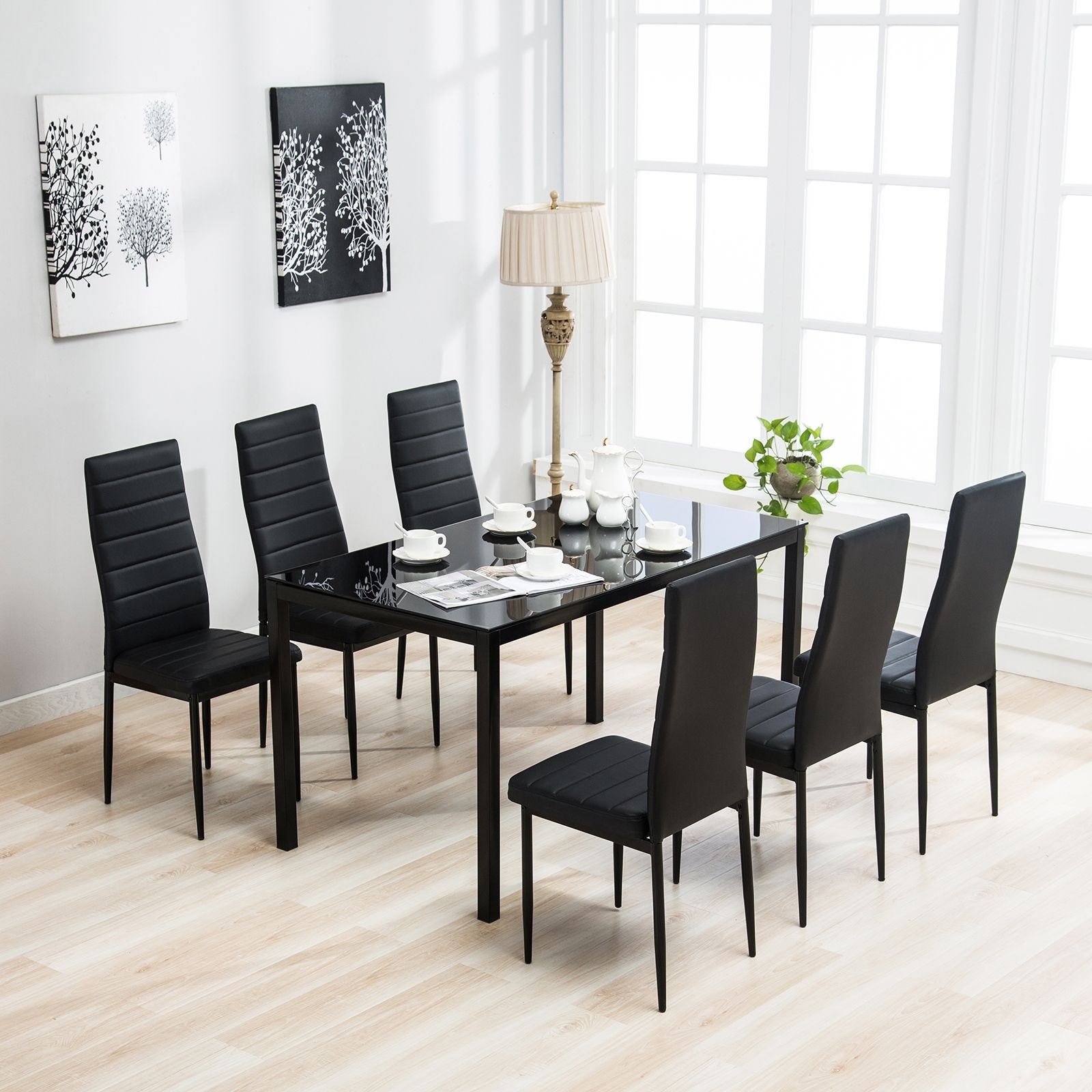 2018 Dakavia 7 Piece Dining Table Set 6 Chairs Black Glass Metal Kitchen In Dining Tables Black Glass (View 23 of 25)